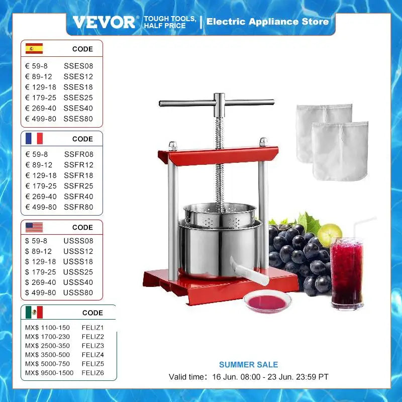 VEVOR 2L 3L 6L Manual Fruit Press Stainless Steel Household Manual Squeezer Cider Vegetables Juice Extractor for Home Kitchen