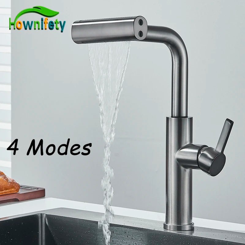 4 Modes Kitchen Faucet Gray Pull Out Waterfall Stream Sprayer Head Sink Mixer Brushed Nickle Water Tap Accessories