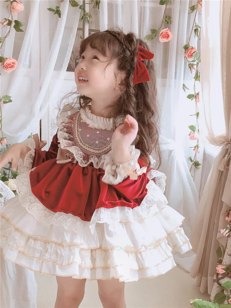 Girl Baby Party Dress New Spanish Vintage Lolita Prom Lace Puffy Dress Christmas Party Easter Princess Dress Gift Socks