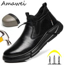 Leather Waterproof Safety Shoes Men Work Steel Toe Caps Male Indestructible Security Work Boots Protective Shoes Puncture-Proof