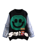Smiling Face Loose Sweater Tops Women Denim Sleeve Round Neck Pullover Jumpers Winter Fashion Streetwear Stylish Chic Knitwear