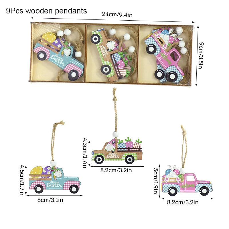 12/9pcs Happy Easter Wooden Pendant Cute Bunny Egg Carrot Chick Hanging Ornaments Spring Easter Party Home Decoration DIY Wreath