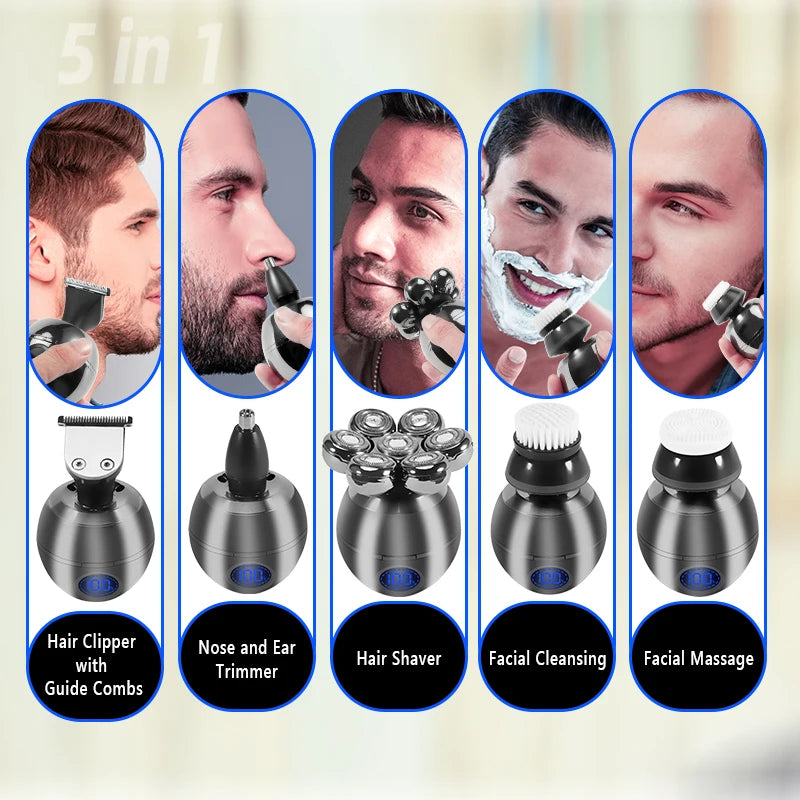 5 in 1 Electric Head Shaver for Bald Men 7D Floating Cutter Beard Trimmer Clipper IP68 Waterproof Shaving USB Wireless Charging