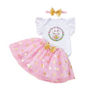 Toddler Girls Spring Floral Print Ruffle Sleeve Romper with Matching Bow Headband and Tulle Skirt - Easter Outfit