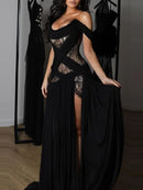 Elegant Lace Patchwork Slit Strapless Dress Sexy Off-shoulder High Waist Long Skirt New Trendy Party Y2k Robe Gothic Style Gown