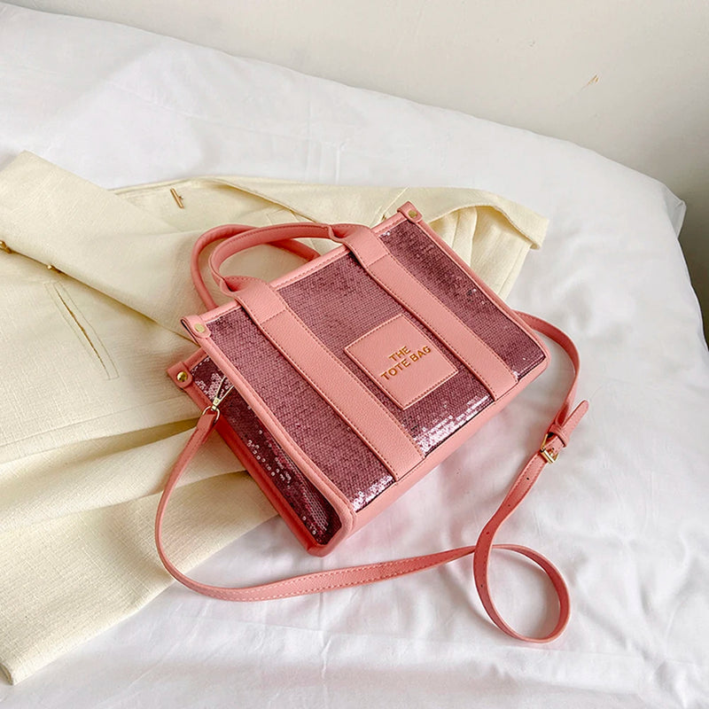 Women Party Tote Bag PU Leather Sequins Top-Handle Bags Casual Fashion Shiny Portable Adjustable Straps Shopper Tote Purse