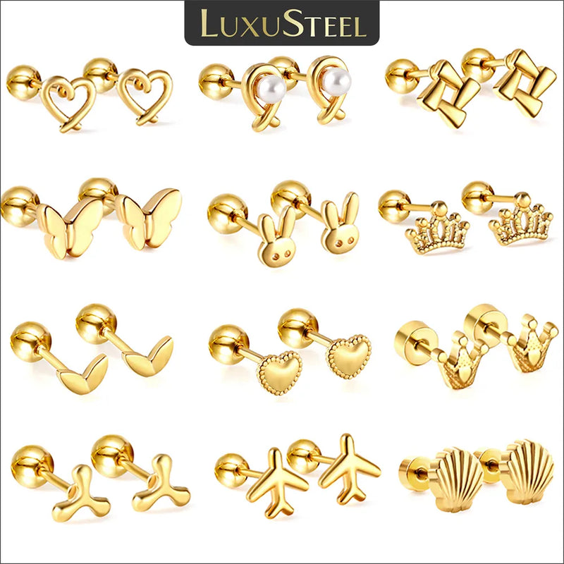 LUXUSTEEL Mini Cute Stainless Steel Stud Earrings Women Girls Heart Butterfly Rabbit Helix Ear Cartilage Piercing Jewelry Gifts