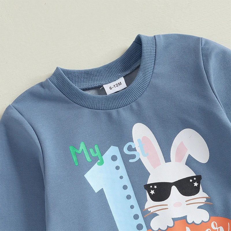 Adorable Toddler Boys Easter Outfits with Bunny Print Long Sleeve Sweatshirts and Carrot Patterned Long Pants - 2 Piece