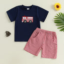 Boys Summer Outfit Set Short Sleeve Dinosaur Print T-shirt with Denim Shorts Toddler Clothing Set for Kids