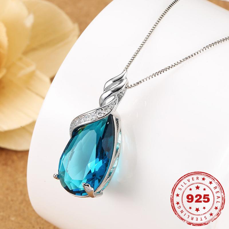 HOYON Pure 925 Sterling Silver Jewelry Single Pendant for Necklace Collares Women Water Drop Blue Gemstone Zircon Bijoux Gifts