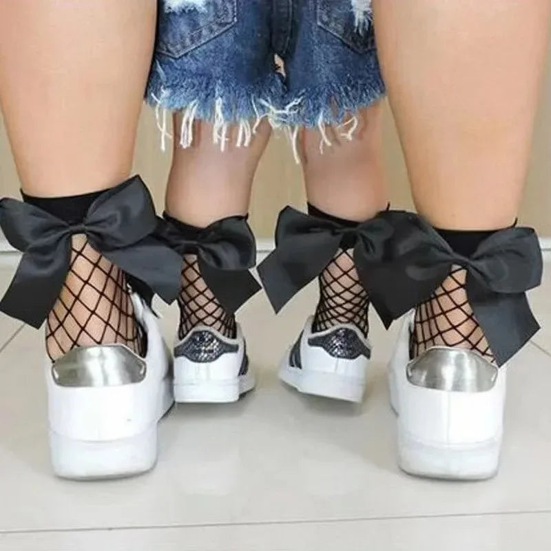 Baby Girls Kids Mesh Socks Bow Fishnet Stockings Ankle High Lace Fish Net Vintage Short Sock Cute Fashion Parent Child Socks