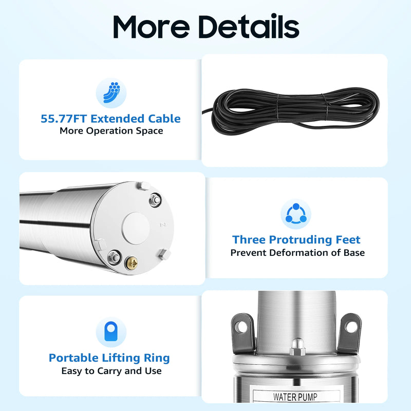 Submersible Water Pump Energy Saving 12V 20M Lift Max Flow 1.2M³/H Solar Energy Deep Well Pump