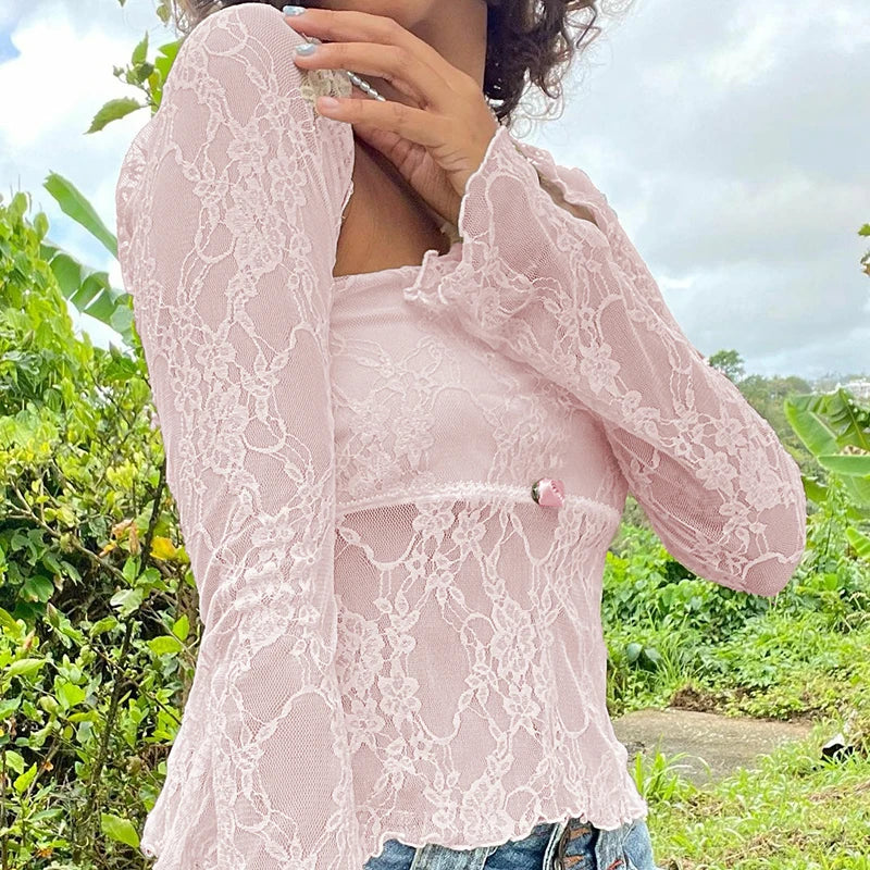 Gaono Floral Lace Mesh Sheer 2 Piece Set Long Sleeve Shrug T-shirt Strapless Tube Top Fairy Coquette Y2K Vintage Crop Tops Women