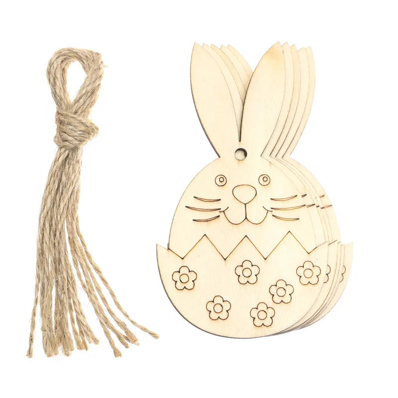 10pcs Wooden Easter Pendants Rabbit Egg Hanging Ornament For Happy Easter Party Home Decoration Kids DIY Painting Gifts Supplies