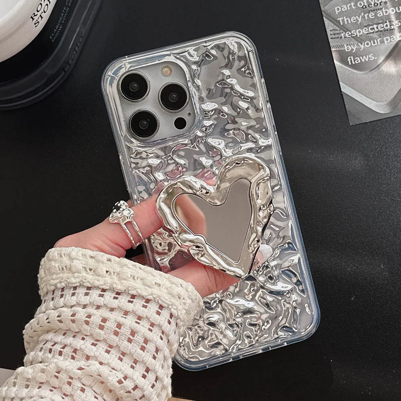 Luxury Gold Silver Electroplate Wrinkle Love Heart Mirror Bracket Phone Case For iPhone 12 11 14 13 Pro Max Cover with Bracelet