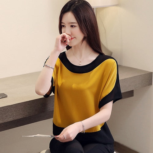 Womens Tops And Blouses Fashion 2023 Chiffon Blouse Loose Ladies Tops Shirts Solid Short O-Neck Batwing Sleeve 3397 50