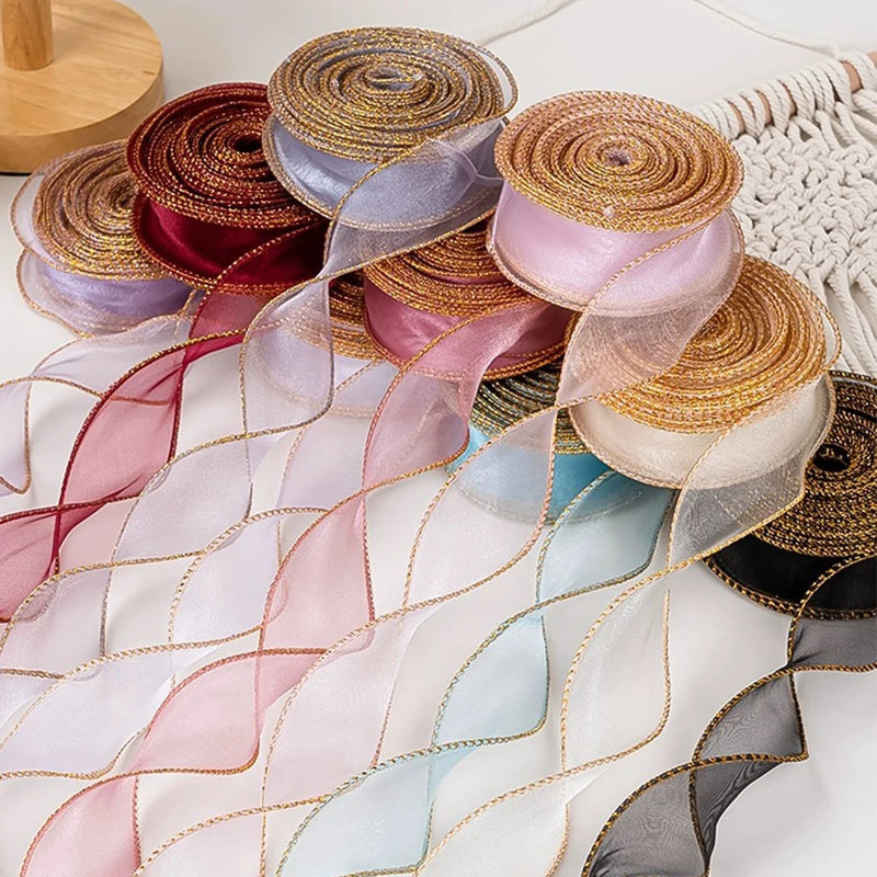 10Yards Sheer Wired Organza Ribbon With Golden Edge Chiffon Ribbon for Wedding Birthday Gift  Bouquet Wrapping DIY Decorations