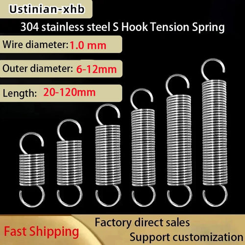 5/2 Stück Drahtdurchmesser: 1,0 mm, S-Haken-Spiralfeder aus Edelstahl 304, Außendurchmesser: 6–12 mm, Länge: 20–120 mm
