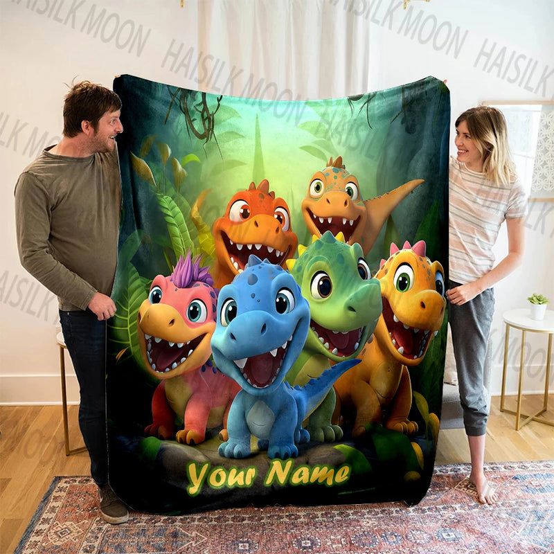Personalized Customized Name Blanket Cartoon Dinosaur Print Warm and Comfortable Blanket for Sofa Bed Travel Camping Picnic Car