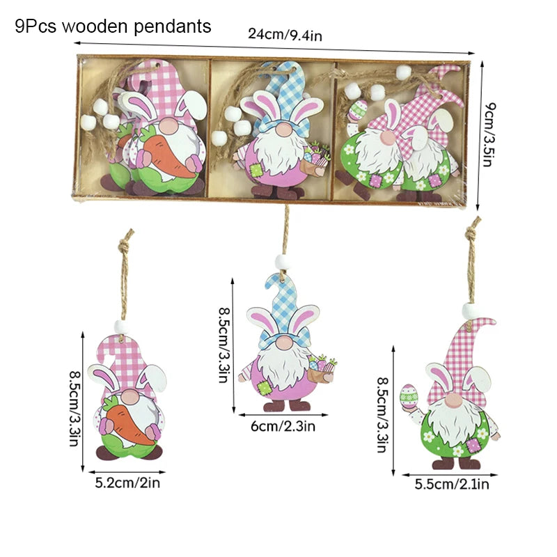 12/9pcs Happy Easter Wooden Pendant Cute Bunny Egg Carrot Chick Hanging Ornaments Spring Easter Party Home Decoration DIY Wreath