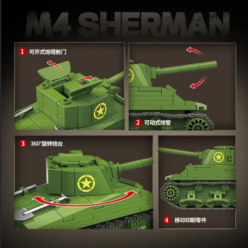 World War II WW2 Classic Model Mini M4 Sherman Medium Tank Building Blocks Bricks Toys Gifts