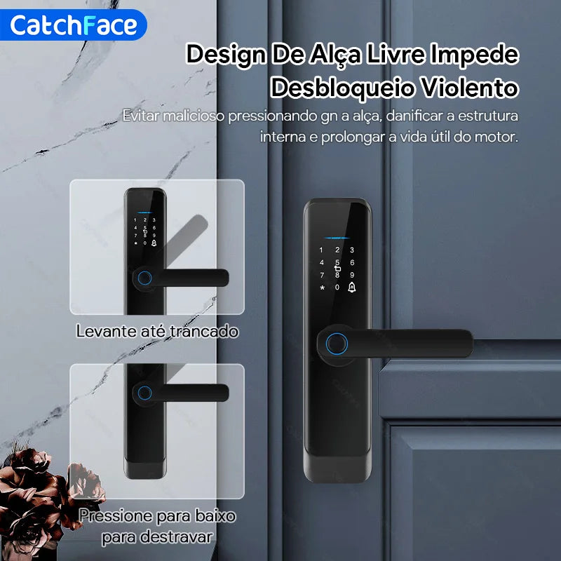 Tuya Silver Smart Door Lock Portuguese Voice Safe Digital Electronic Lock Bluetooth APP Fingerprint Password RFID Unlock