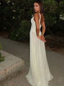 kliou Elegant Women Maxi Dress Solid Mesh Stacked Draped Suspendency Metal Connect Sheath Frock Mujer Trend Concise Banquet Robe