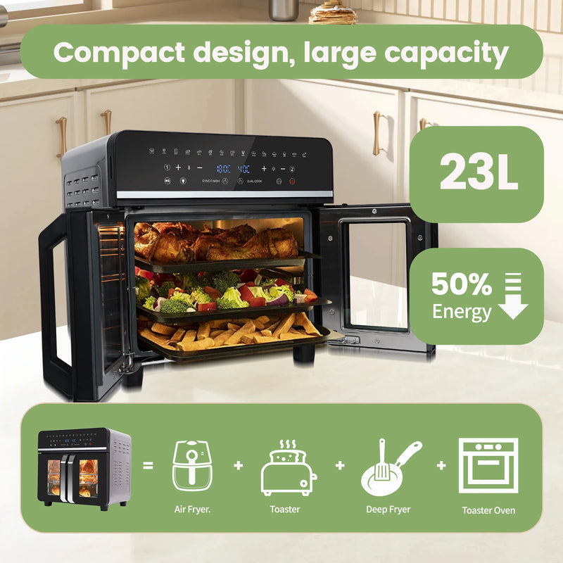 Dual Zone Hot Air Fryer, 23 L Hot Airfryer, XXL Oven 2200 W with LED Touch Screen, 15 Programmes, with Recipe Book