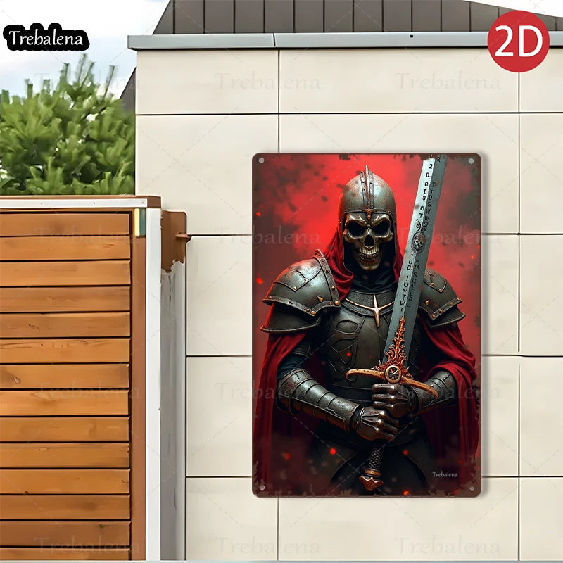 1PC 2D Flat 8*12inch Metal Sign Skull Knight with Sword Medieval Warrior Art Decor