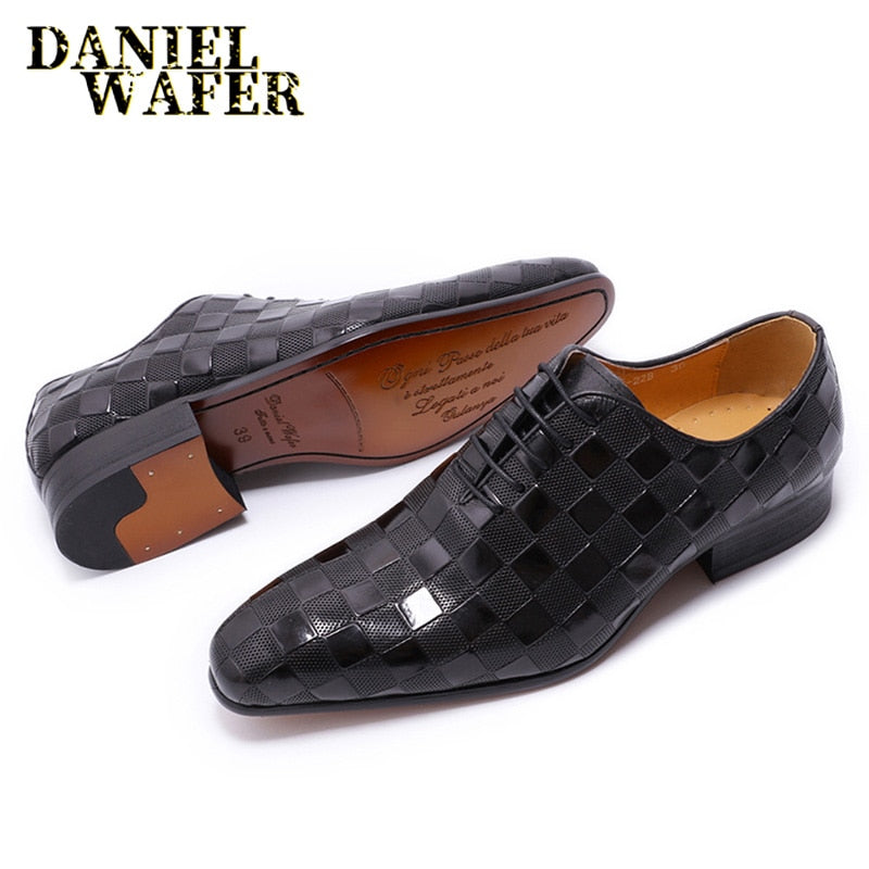 Luxury Italian Leather Dress Shoes Men Fashion Plaid Print Lace-Up Black Brown Wedding Office Shoes Formal Oxford Shoes for Men