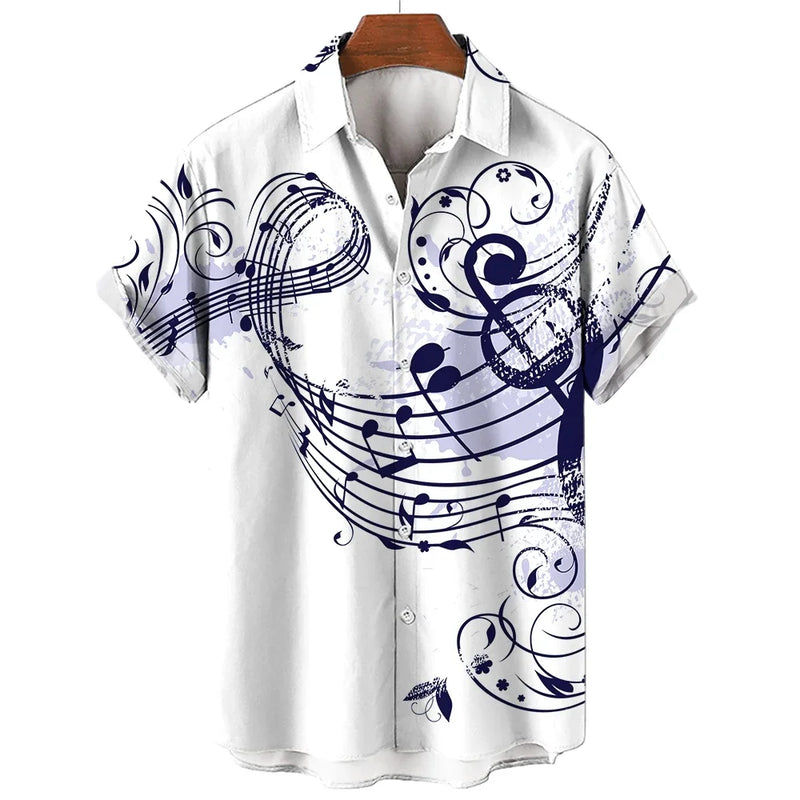 New Men's Shirt 2023 Summer Fashion Hawaiian Shirt Short Sleeve Lapel Top Music Symbol Pattern Print Shirt Oversized Man Clothes