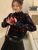 Women Fashion Heart Love Embroidery Knitted Pullover Sweater Vintage Long Sleeves O-Neck Female Chic Lady Tops C-153