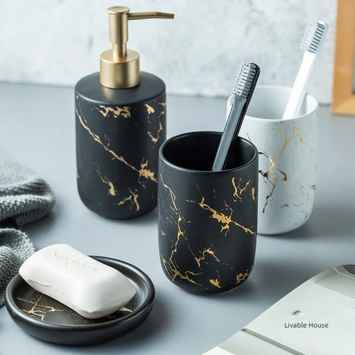 Marble Soap Dispenser Pump Bottle Ceramic Bathroom Accessory Set  Home Couple Mouthwash Cup Soap Dish Washing Tools Luxury