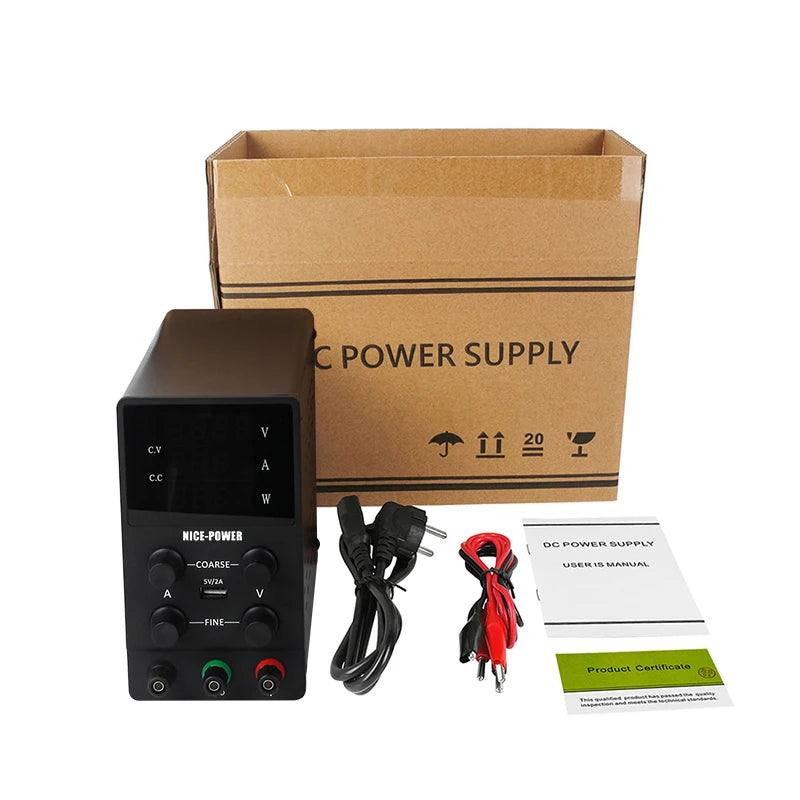 Nice-power 30V 10A Lab Adjustable DC Power Supply with 4-Digit LED Display; USB-A Fast Charge with Potentiometer; Bench source