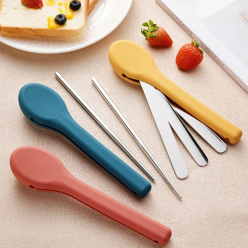 Portable Stainless Steel Cutlery Set, Suitable for Work, School, Picnic, Camping, Travel, Reusable Silicone Portable Cutlery Set