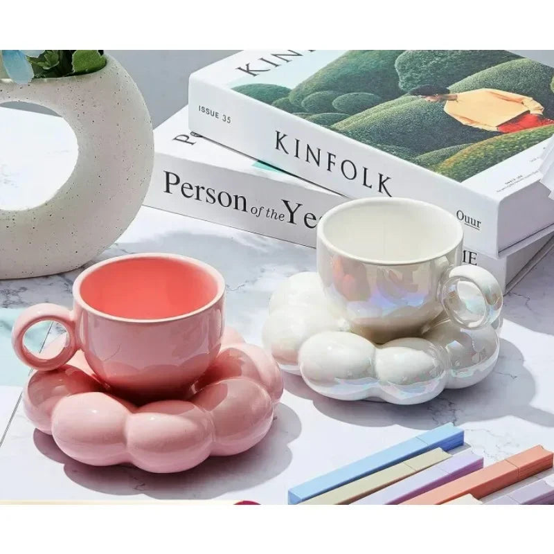 Simple Sunflower Coffee Mug Set Office Home Macaroon Series Coffee Ceramic Cups and Saucers Pink Pearl White Creative Cute Cup