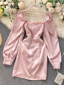 New Spring Autumn Women's Satin Dress Retro Black Pink White Square Neck Long Sleeve Mini Dresses for Women GD580