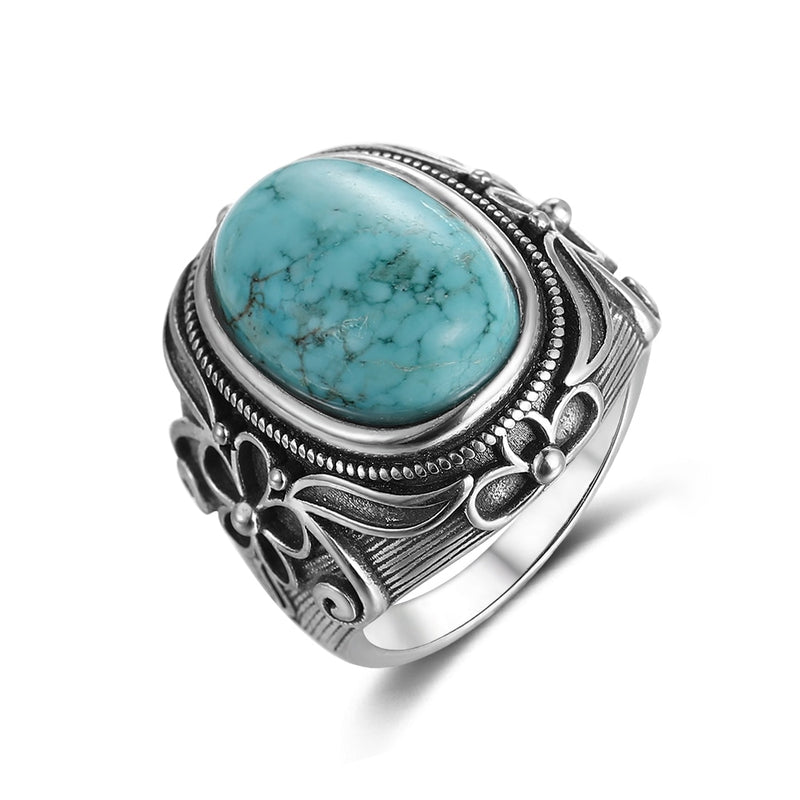 Natural Turquoise Ring Lady Silver Jewelry Retro Party Ring 11X17MM Large Ellipse Gem Gift Wholesale