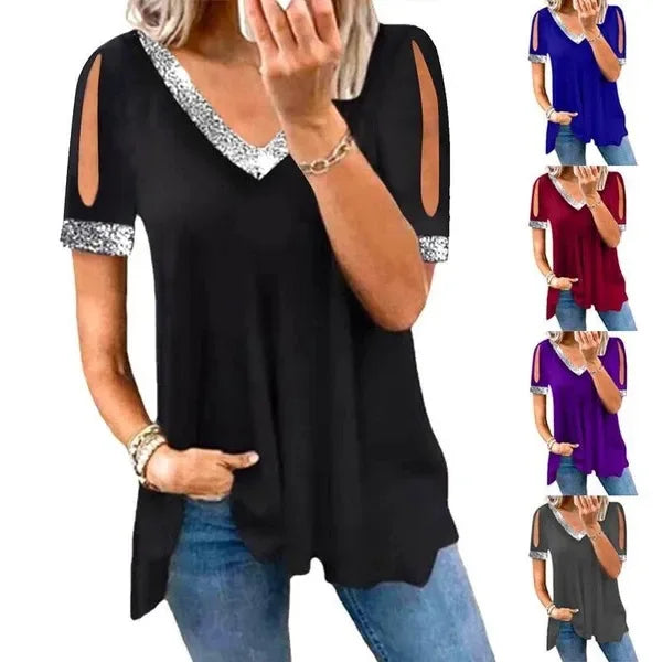 Spring and Summer Women's Top V Neck Short Sleeves New Fashion Strapless Solid Colour Sequins Causal Loose Female T-shirt Tops
