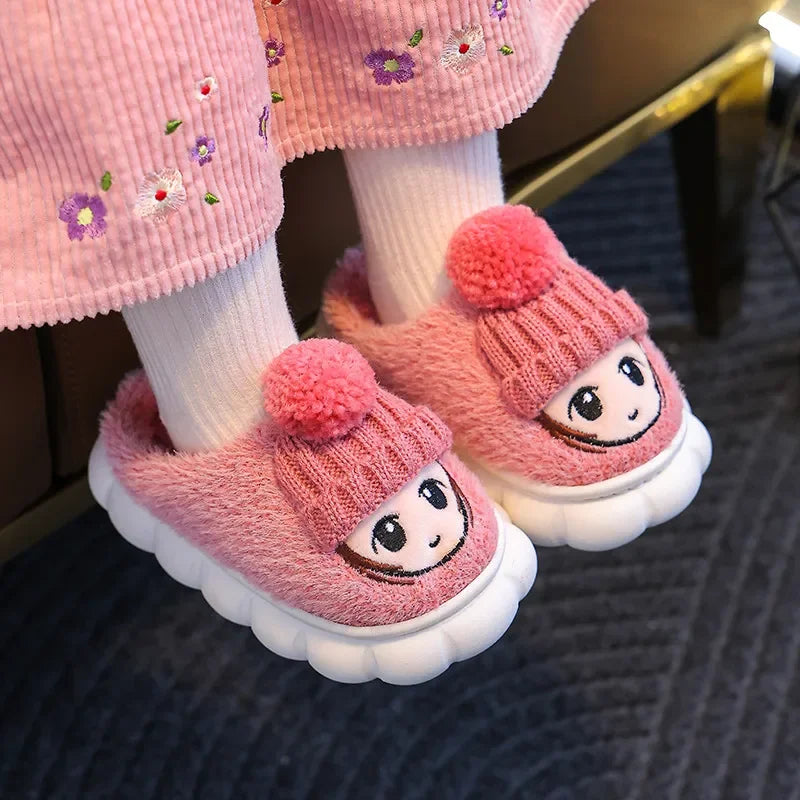 2023 New Winter 2-10y Girls Antiskid Cotton Shoes Children's Cute Cartoon Home Indoor Plush Slippers Warm Furry Kids Footwear