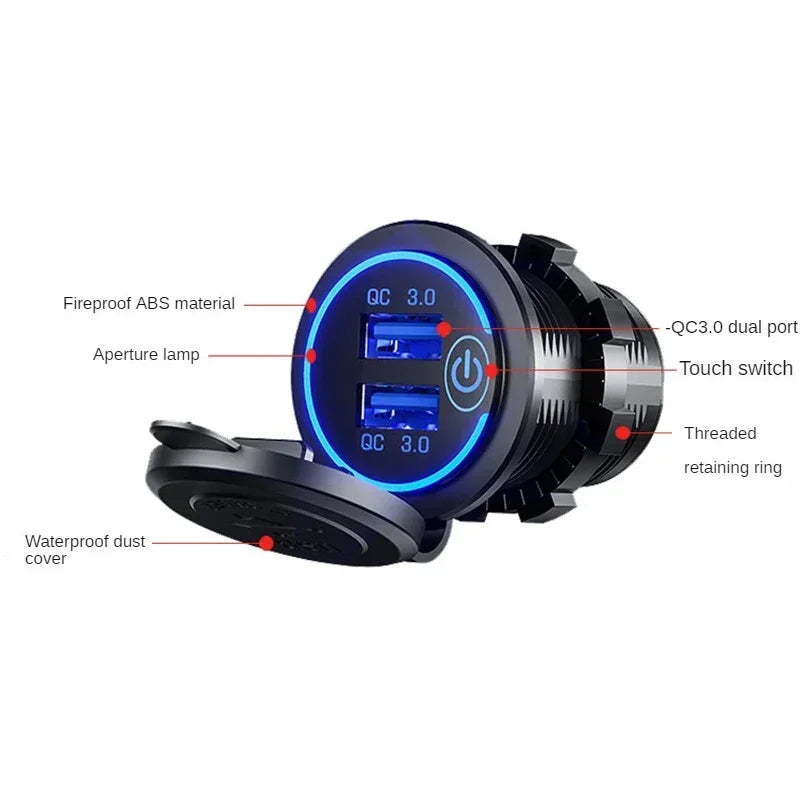 Quick Charge 3.0 Dual USB Fast Car Charger Socket Accessories Waterproof 12V/24V QC3.0 Power Outlet with Touch Switch&Led Light