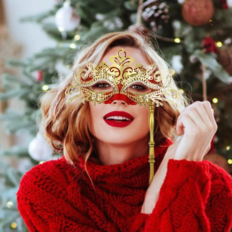 Metal Fancy Elegant Party Masque with Handheld Stick Half Face Venetian Masque with Rhinestones for Women Men Prom Masquerade