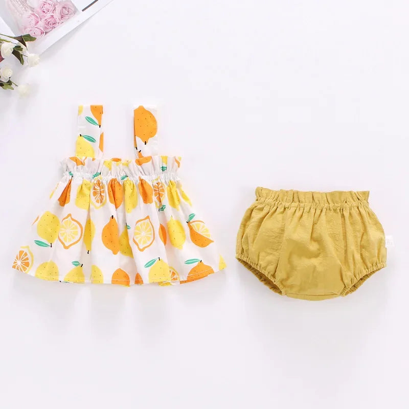 Baby Summer Dress Suit Baby Girl Clothes 0-2 Years Infant Toddler Cherry Sling Dress Bread Pants Two-piece Clothing Set KF1138