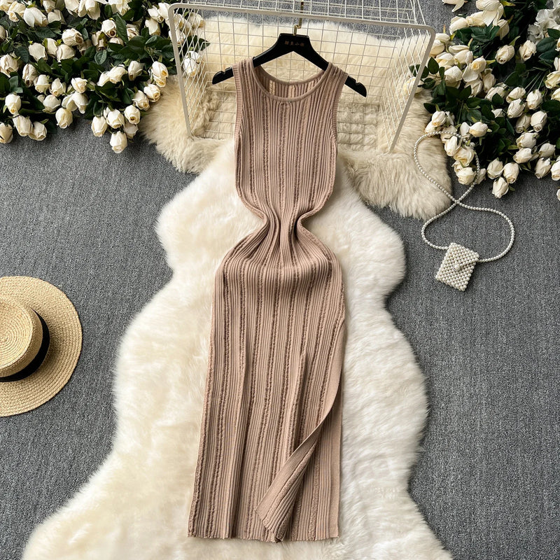 Green New Summer Knit Sexy Strap Dress Women Tank Elatic Waist Bodycon Sundress Female Beach Split Maxi Long Dress