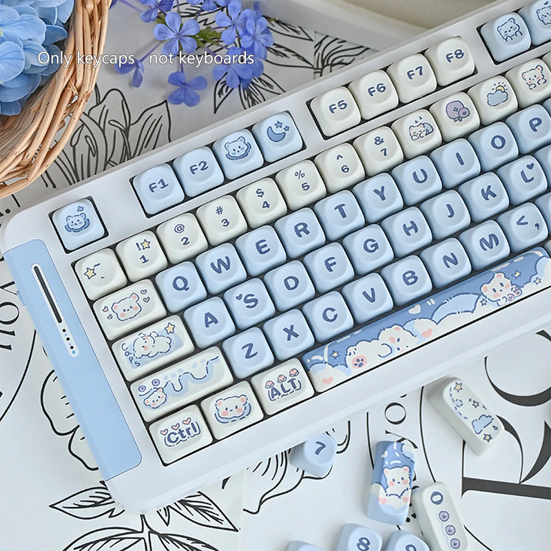 132keys Cute Blue Ice Cream Bears Keycap MOA Profile PBT Dye Sublimation Mechanical Keyboard For 61/64/68/84/75/87/96/104 Caps