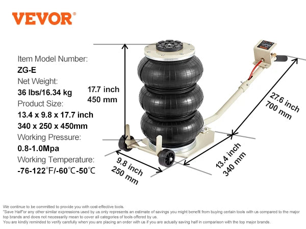 SucceBuy Pneumatic Jack 3 Ton/5 Ton Triple Bag Air Jack Quick Lift Heavy Duty Car Repair Jacks Folding Rod Jacks with Two Wheels