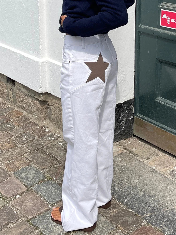 Women Fashion Jeans Star Pattern Loose Denim Pants Spring Fall Casual Low Waist Trousers Wide Leg Pants