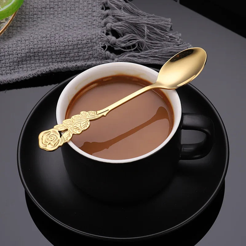 304 Stainless Steel Teaspoon with Rose Flower Handle Mini Tea Coffee Dessert Ice Cream Stirring Spoon Fork Kitchen Utensils