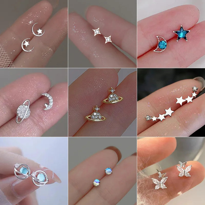Trendy Planet Earrings Silver Color Piercing for Women Moon Star Crystal Zircon Ear Stud Earrings Tragus Cartilage Body Jewelry