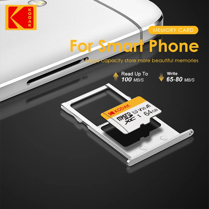 KODAK MicroSD Memory Card 128GB 256GB UP TO 100MB/s Class10 U3 32GB 64GB TF Card 4K HD with Card Reader Adapter Microsd for PC